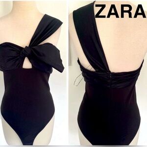 ZARA Black Bodysuit with Bow Detail and Asymmetric Strap - Size M - NEW